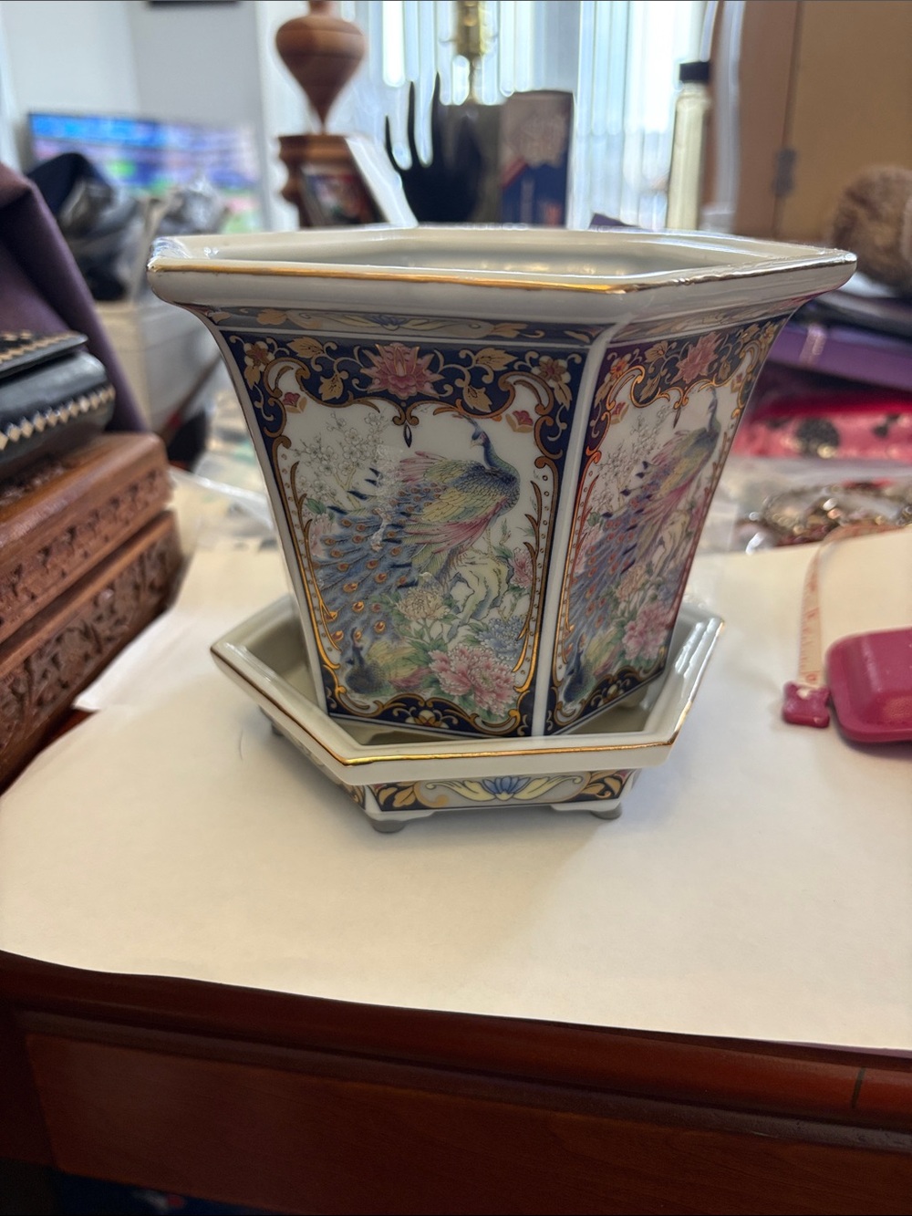 Vintage Porcelain Peacock Hexagon Design Planter With Drainage Tray